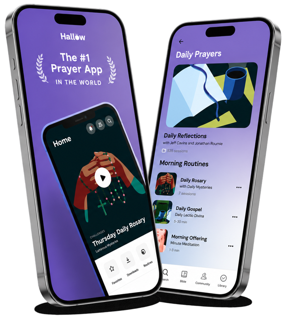 Hallow Catholic prayer app screens showing daily prayers and Rosary